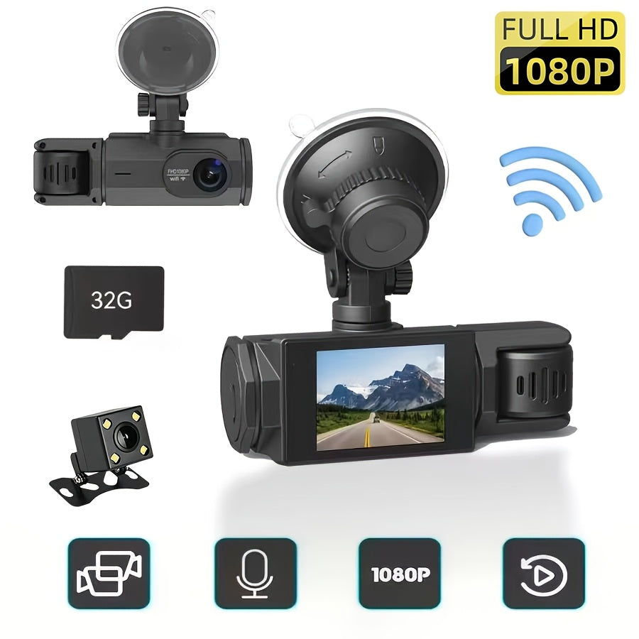 1080P Dash Cam with 2/3 Cameras Front And Built-In And Rear (Optional) Infrared Night Vision 170° Wide-Angle Lens Built-In Audio 32GB Memory Card (Optional) Wifi Connection to Smartphone (Optional) Loop Recording G-Sensor 24H Parking Monitor