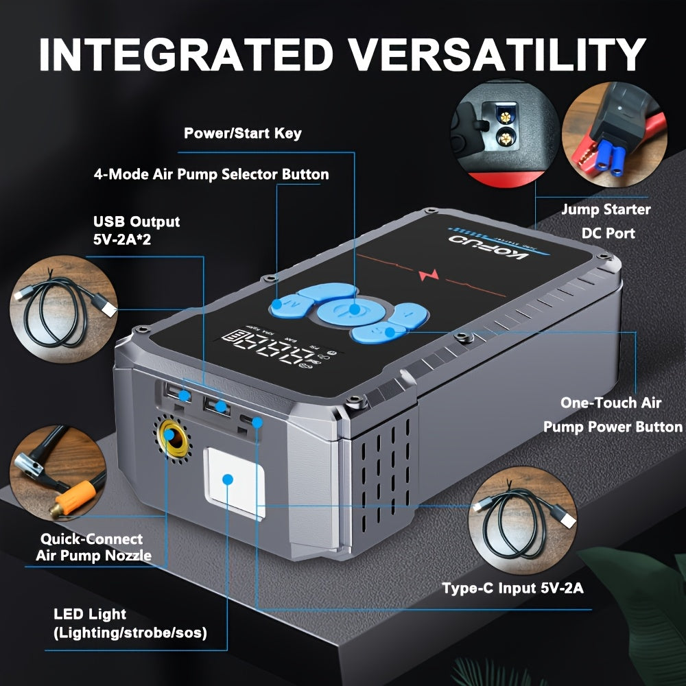 KOPUO 20000A Peak 12V Jump Box, Optional 6000A Jump Starter, Heavy Duty Car Jump Starter And Air Compressor, 150PSI Cordless Tire Inflator with Digital Gauge, All-in-One for 2.64gal Gas/2.11gal Diesel Vehicle, 3-Mode LED Light Camping Emergency