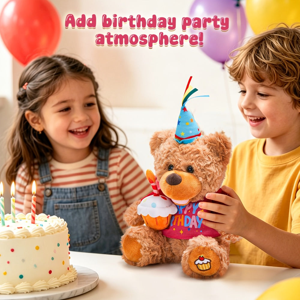 Singing Birthday Teddy Bear Plush Toy 13.5 Inch Interactive Stuffed Animal with Glowing Cupcake Candle Electric Music Bear Gift for Kids Girls Boys Baby Shower Christmas Holiday
