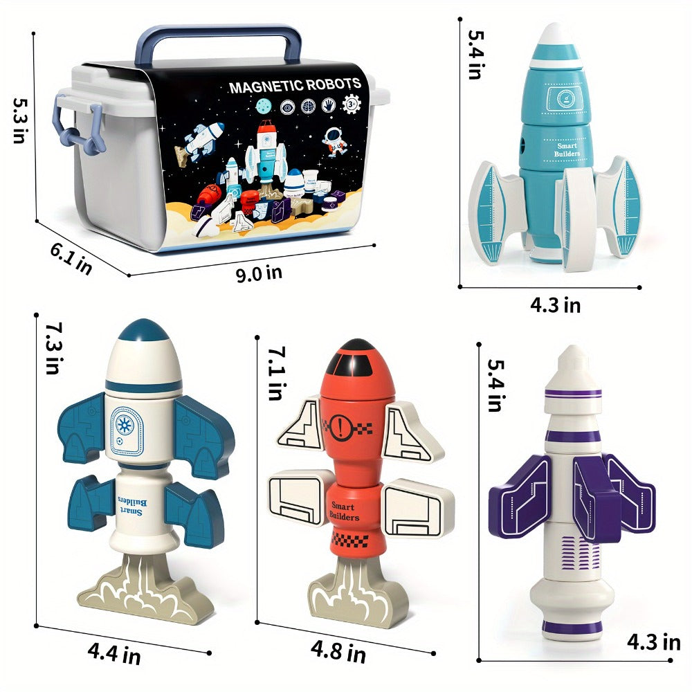 Magnetic Robot Building Toy for Kids Ages 3-5 – 33-Piece STEM Stacking Playset with Storage Box, Rocket Robot & Monster Styles, Magnet Construction Kit, Birthday Christmas Gift for Boys & Girls