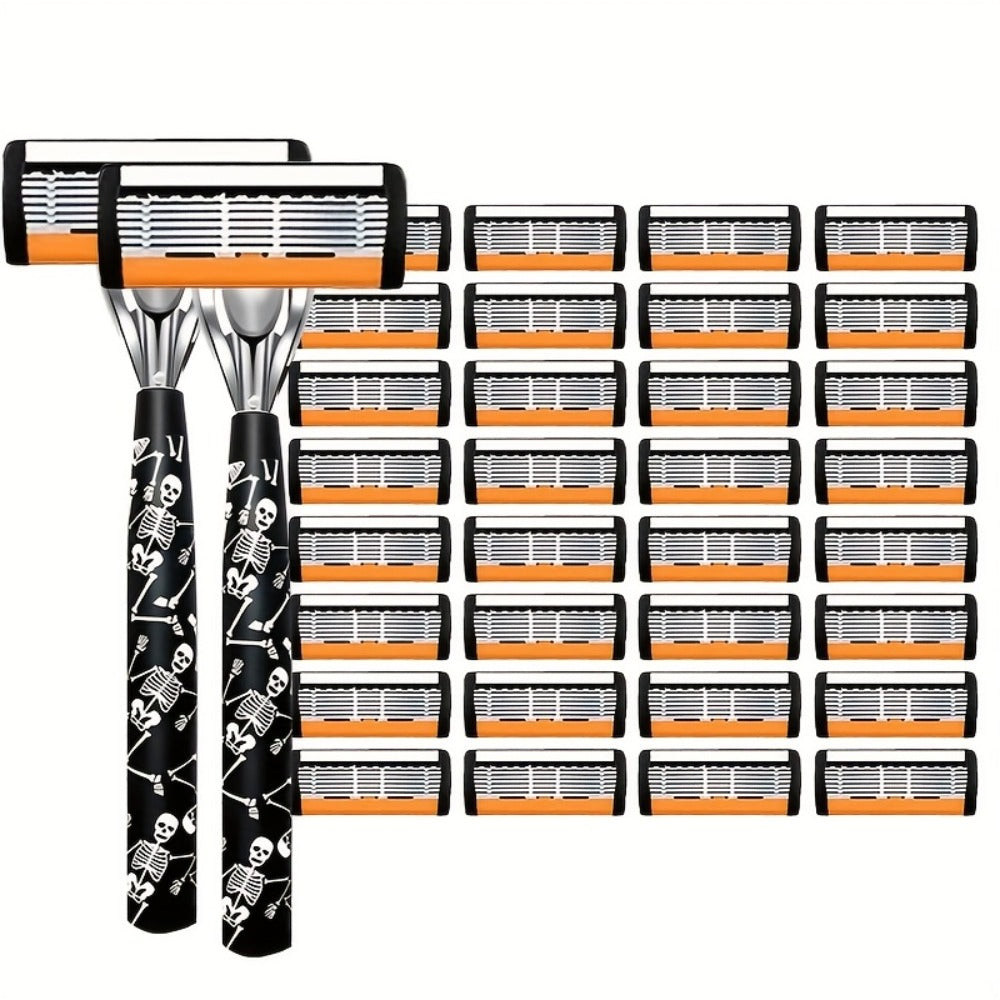 Safety Razor for Men 7-Layer Progressive Blades — Non-Slip Stainless Steel Handle Classic Double Edge Razor for Beard & Mustache Grooming, 1 or 2 Handle + 15–36 Blade Pack Options
