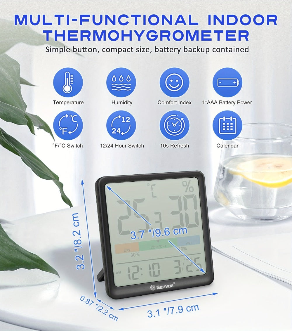 Indoor Thermometer Hygrometer Digital | Accurate Temperature Humidity Monitor with Clock & Calendar | Desktop Room Humidity Gauge for Home Office Bedroom Baby Room