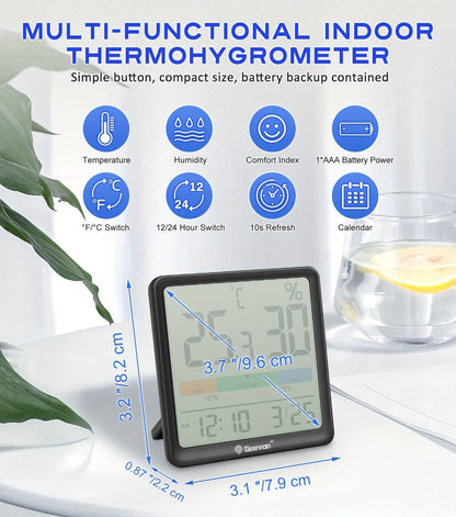 Indoor Thermometer Hygrometer Digital | Accurate Temperature Humidity Monitor with Clock & Calendar | Desktop Room Humidity Gauge for Home Office Bedroom Baby Room