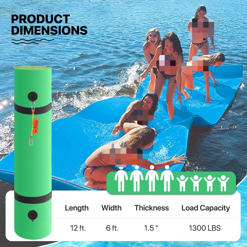 Floating Water Mat 12x6ft – 3-Layer Tear-Resistant Giant Lake Lily Pad, High-Visibility, Bungee Tether Included for Pool River Ocean Outdoor Water Recreation