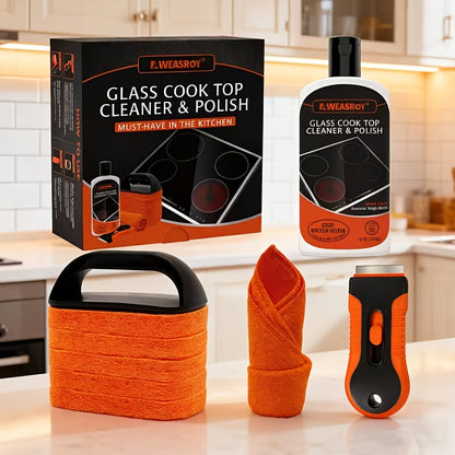 Glass Stove Top Cleaner Kit 12oz Non-Abrasive No Scratch Cooktop Cleaner and Polish Removes Tough Grease Stains 9-Piece Set with Scrubbing Pad Handle Scraper and Cloth for Smooth Cooktop Range