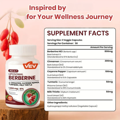 Berberine Supplement with Ceylon Cinnamon, Cayenne Pepper, Turmeric & Milk Thistle – Blood Sugar, Metabolic & Liver Health Support Formula | Daily Multi-Herb Capsules for Adults
