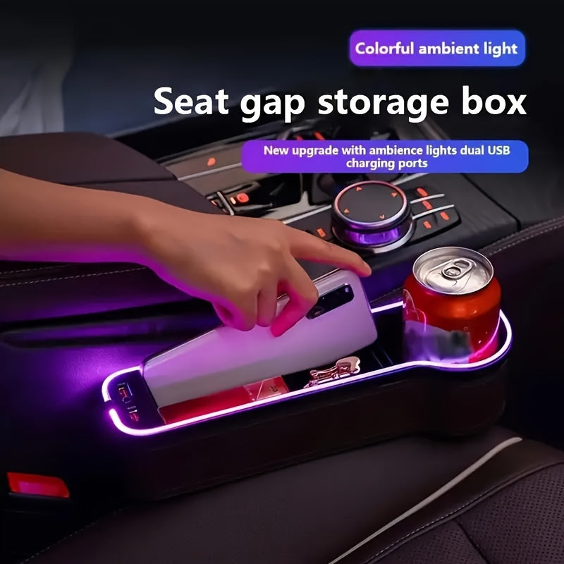 Car Seat Gap Storage Box, Phone Holder Charger, Clutter Organizer, Car Seat Gap Organizer with LED Ambient Lighting, Faux Leather Multi-Function Console Side Bag with Dual USB Charging Ports, for Vehicle Interior Additions