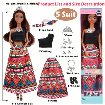 African American Fashion Doll Set 6 Pack 11.5 Inch Bohemian Curly Hair Dolls Removable Boho Outfits Headscarves Silver Necklaces Diverse Gift for Girls Kids Party Favors Birthday Christmas