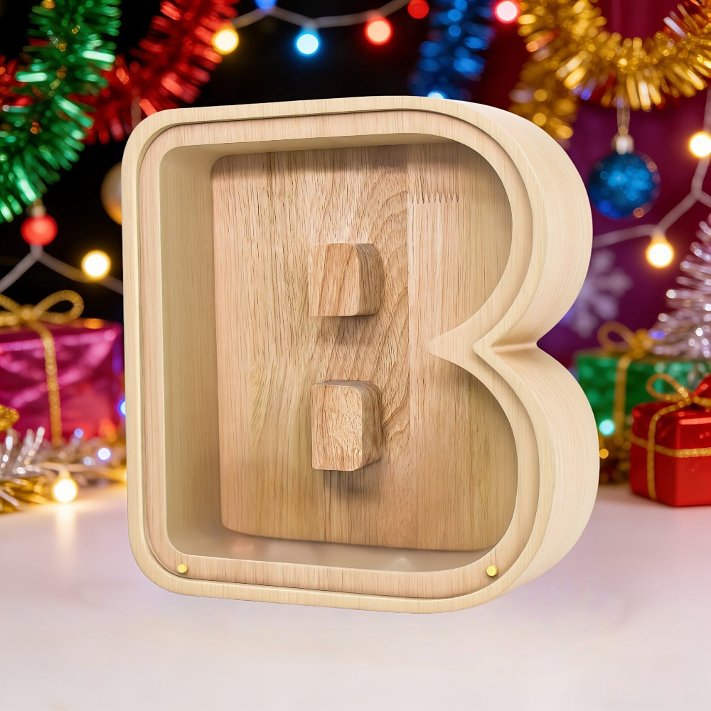 Alphabet Letter Piggy Bank A-Z Wooden Coin Bank Large Capacity Transparent – Personalized Savings Box for Kids | Back to School, Christmas & Birthday Gift