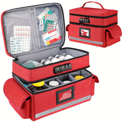 Lockable Medicine Organizer Bag with Combination Lock, Double-Layer Large Capacity Pill Bottle Storage Case for Prescription Bottles First Aid Supplies Home Travel, Portable Medication Carry Bag Red Grey Black