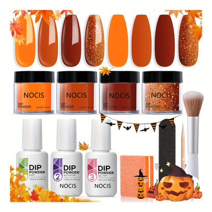 Halloween Orange Glitter Dip Powder Nail Kit with Nail Sticks Base Coat Top Coat & Activator — DIY Spooky Seasonal Nail Art Manicure Set No Lamp Needed