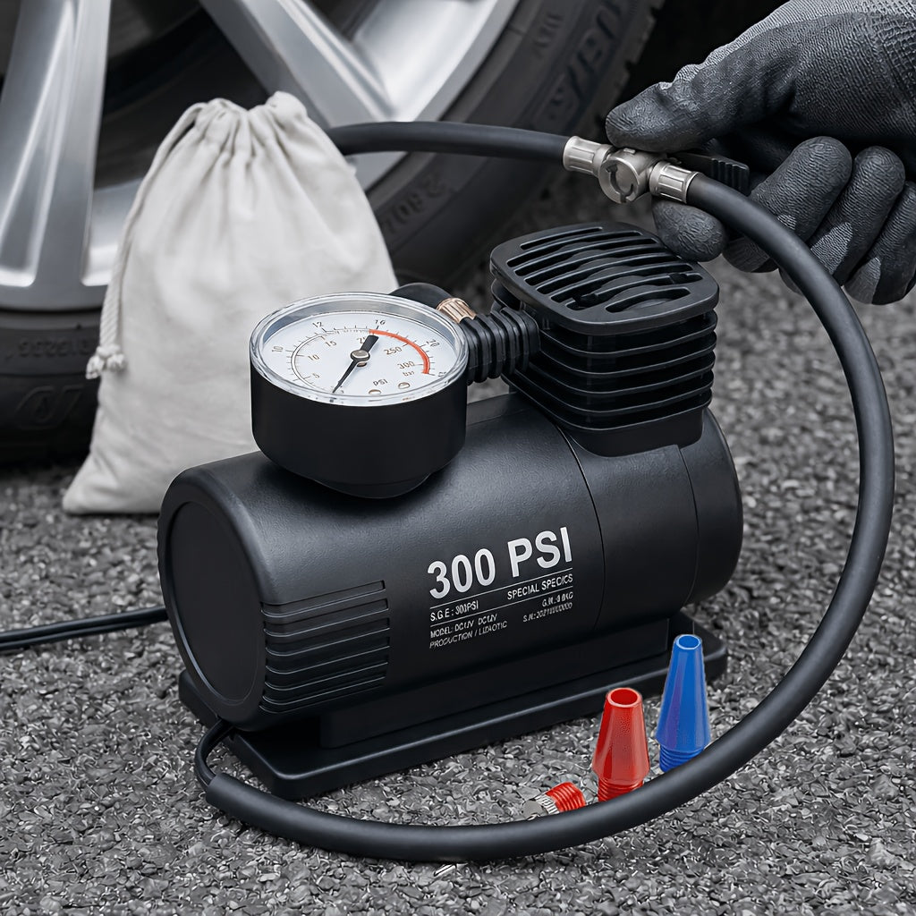 Compact 12V Air Compressor with Analog Pressure Gauge, 300 PSI Portable Tire Inflator for Car & Motorcycle
