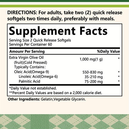 Extra Virgin Olive Oil Capsules 120 Softgels with Omega-9 Omega-6 & Palmitic Acid — Heart Health Cardiovascular Wellness & Antioxidant Support Supplement for Women and Men | 1 or 2 Bottle Options
