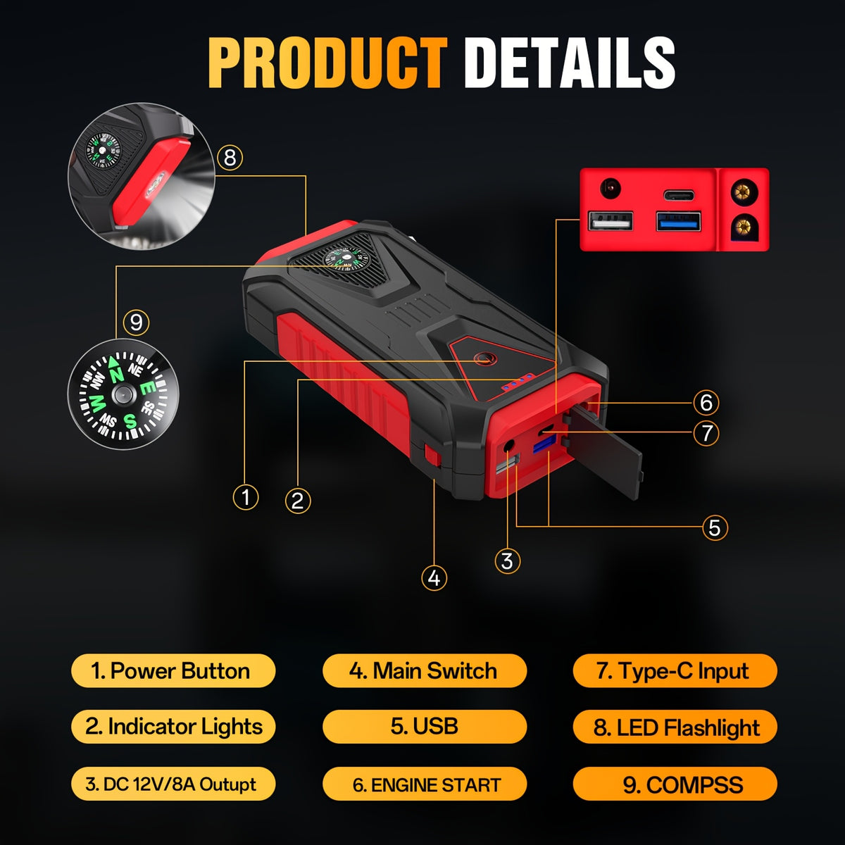 12V Portable Battery Starter | 5000A Peak Jump Starter for 2.64gal Gasoline and 2.11gal Diesel Engines, LED Flashlight, SOS Warning Lights, Emergency Power Supply with Safety Hammer and Compass, USB Dual Use, Rechargeable Lithium Polymer Battery, For RV