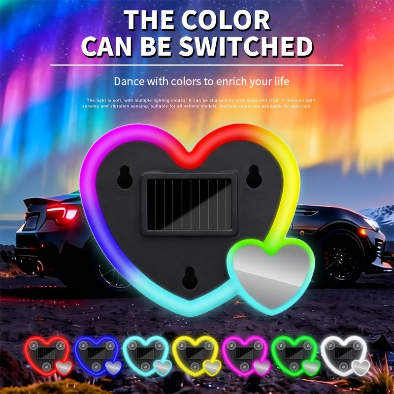 Set of 2 Car Interior Neon Heart Lights Available in Blue, Pink, Red, Ice Blue, Rechargeable Via Solar Or USB, Featuring 5 Lighting Modes, Perfect for Decorating Car Dashboards And Home Parties, an Ideal Gift for Couples During Halloween, Christmas