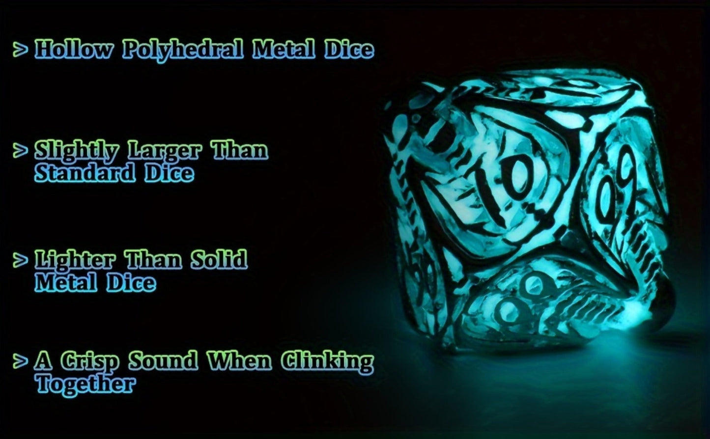 Metal Skull Dice Set 7pcs Glow in the Dark – Hollow UV Fluorescent Polyhedral DnD RPG Dice for Dungeon Masters, Skeleton Design Blue, Tabletop Gamer Gift Halloween Christmas Birthday