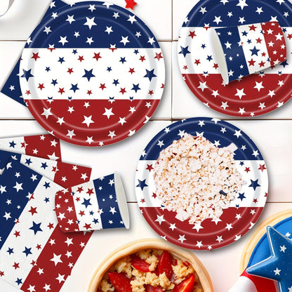 4th of July Party Supplies 140 Pcs – Patriotic Disposable Paper Plates & Napkins for Independence Day BBQ, Memorial Day & Red White Blue Party Decorations Serves 20 Guests