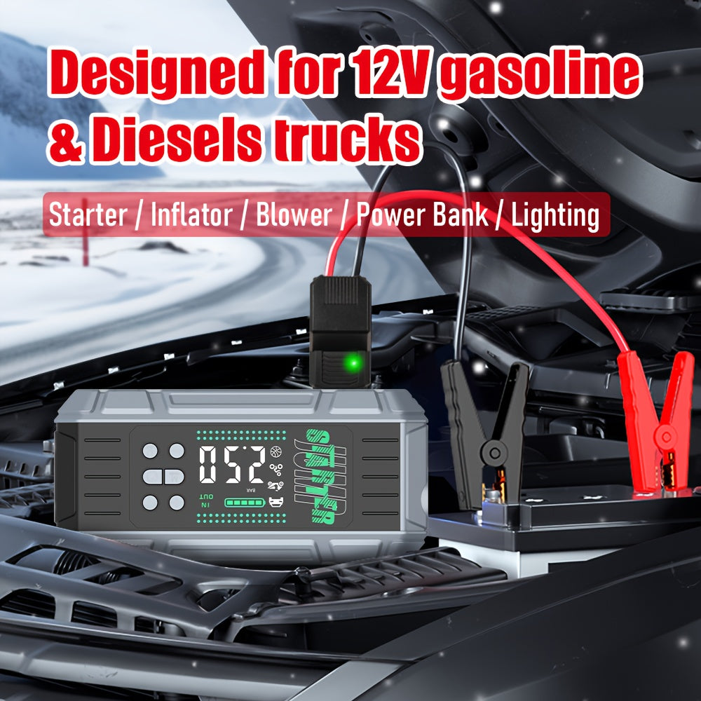 9000A Jump Starter Featuring an Air Compressor, Designed for All Gasoline And 2.11gal Diesel Engines. This Multifunctional Battery Pack Includes a Digital Tire Inflator, Blower Pump, PD65W Fast Charging Technology for Both Input And Output