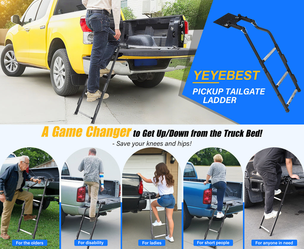 Heavy-Duty Foldable Rear Ladder for Pickup Trucks with Anti-Slip Steps, Adjustable Height, And Universal Fit for Ram, for Ford, Chevy, And for GMC. Easy to Install with Four Screw Options.