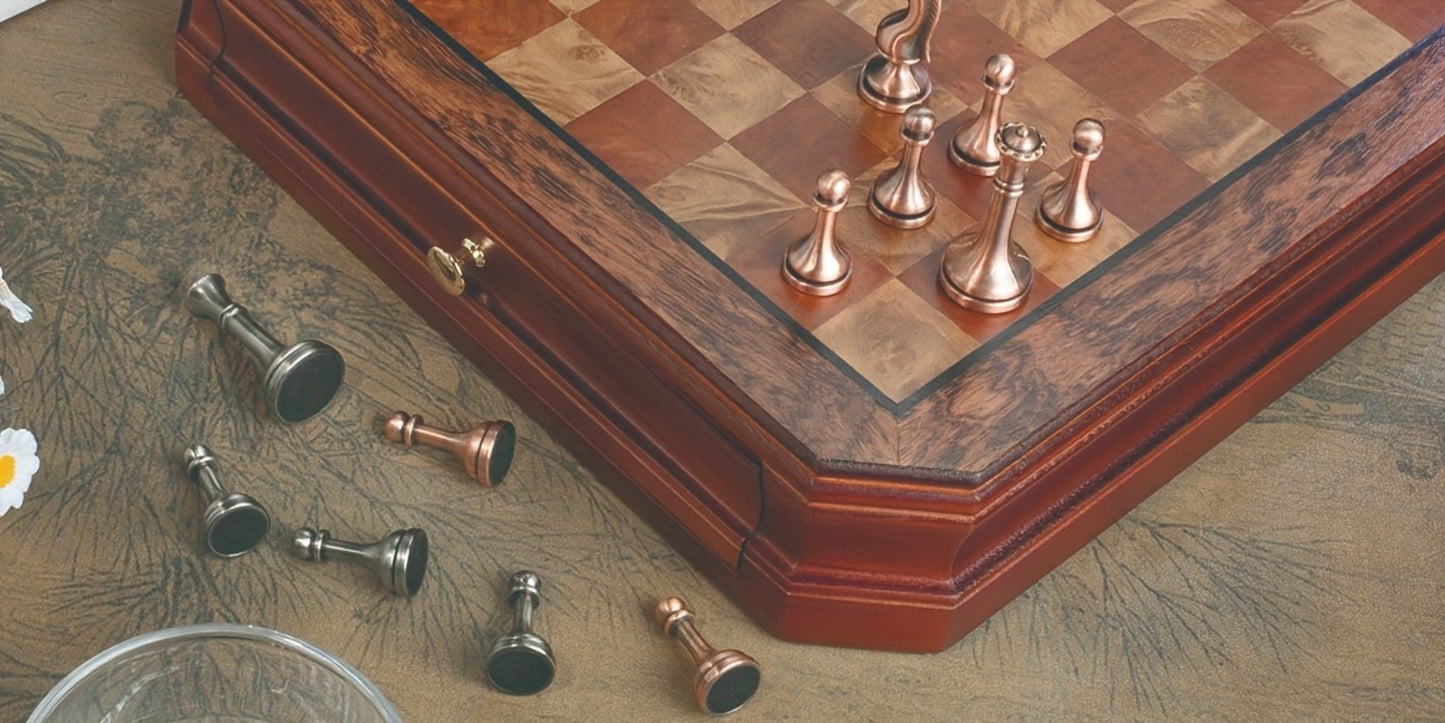 Wooden Chess Set with Metal Pieces & Storage Drawers 12 Inch – 2.5" Kings 2 Extra Queens Vintage Mahogany Board for Adults Beginners, Premium Strategy Game Gift