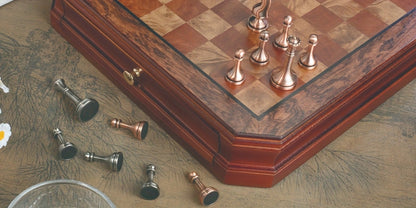Wooden Chess Set with Metal Pieces & Storage Drawers 12 Inch – 2.5" Kings 2 Extra Queens Vintage Mahogany Board for Adults Beginners, Premium Strategy Game Gift