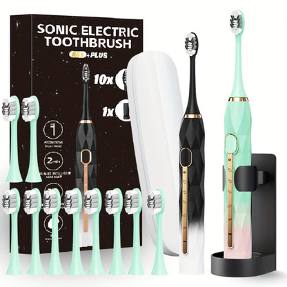 Sonic Electric Toothbrush IPX8 Waterproof USB Rechargeable with 10 Replacement Heads, Intelligent Timer, Travel Case & Charging Base – 5 Colors for Men & Women