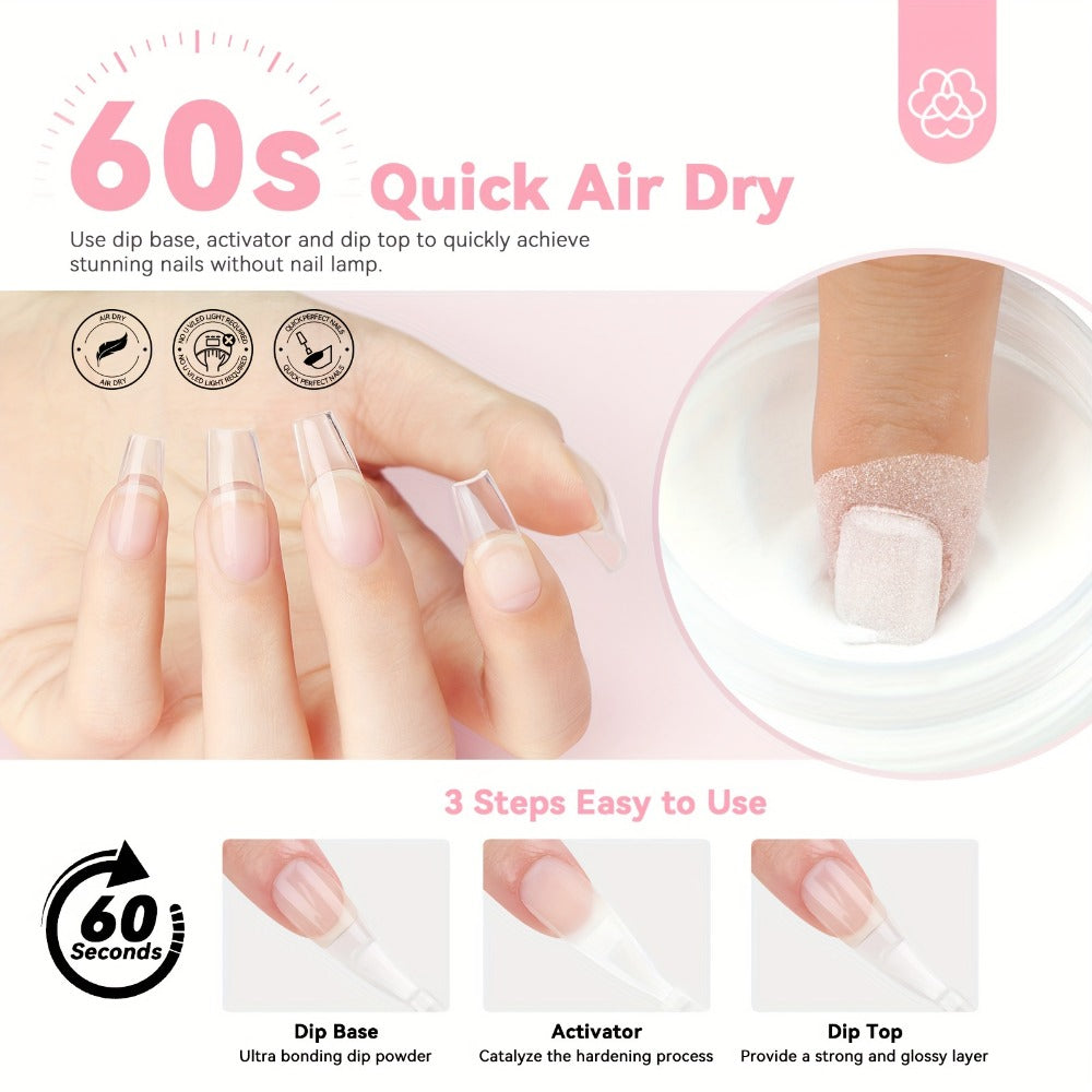 Clear Dip Powder Nail Kit 60g Starter Set - Transparent Dipping Powder with Base Coat Activator Top Coat No UV Lamp French Manicure Repair Nail Art Dip System