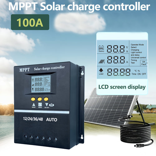 100A MPPT Solar Charge Controller with LCD Display, Auto Tracking, Compatible with Lead-Acid Batteries, Ternary Lithium Batteries, Lithium Iron Phosphate Batteries, Suitable for Off-Grid Solar Systems, Rvs, Ships, Without Battery