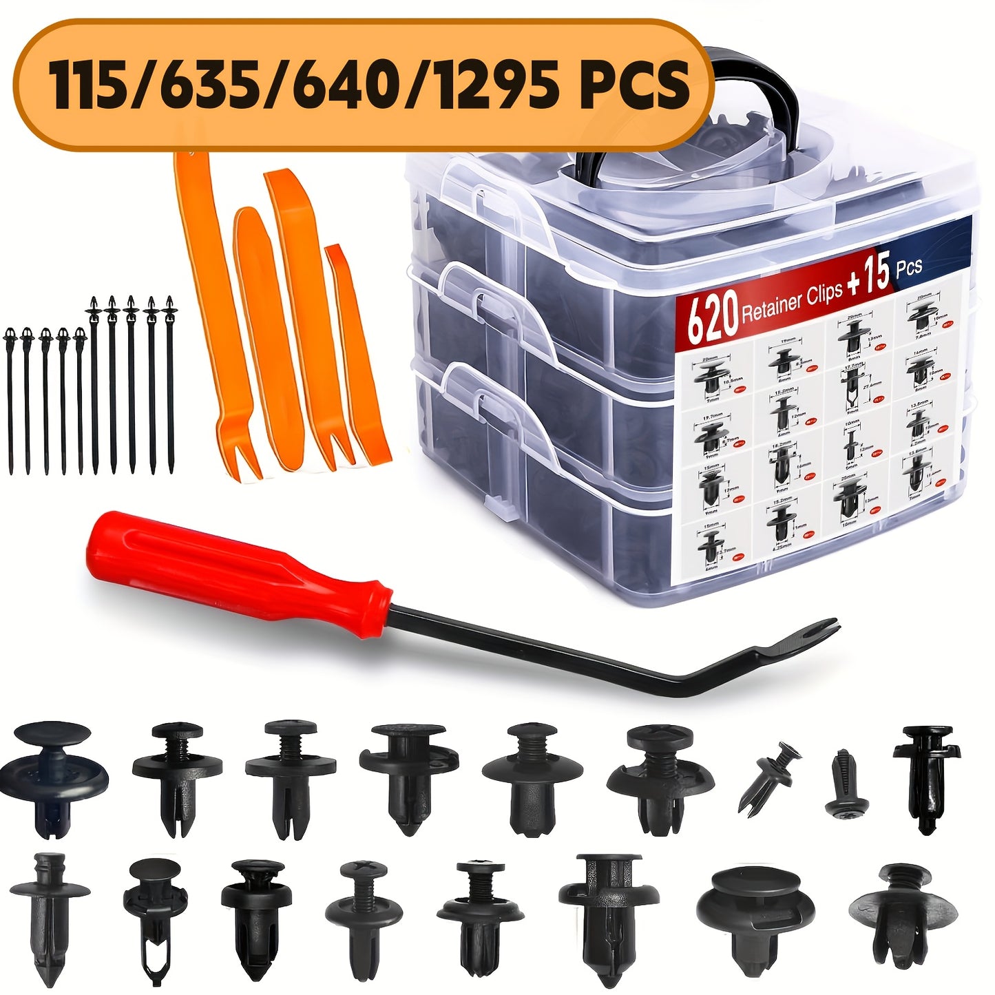 115/635/640/1290pcs Car Push Retainer Clips - 16 Sizes Nylon Bumper Fender Plastic Rivets Automotive Clips Auto Fasteners With 10 Cable Ties And Fasteners Remover Replacement