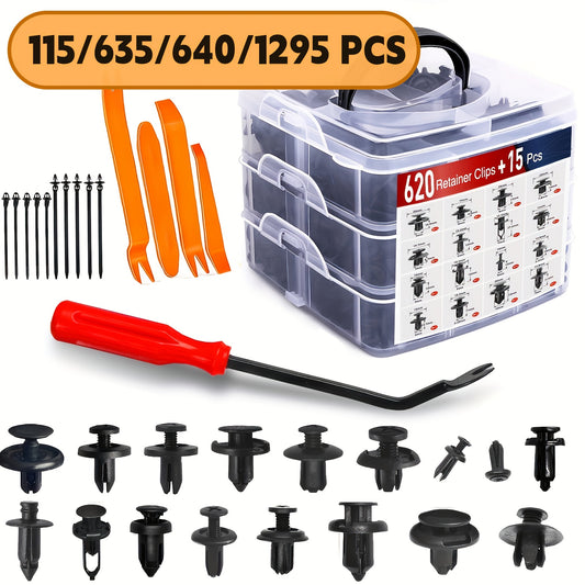 115/635/640/1290pcs Car Push Retainer Clips - 16 Sizes Nylon Bumper Fender Plastic Rivets Automotive Clips Auto Fasteners With 10 Cable Ties And Fasteners Remover Replacement