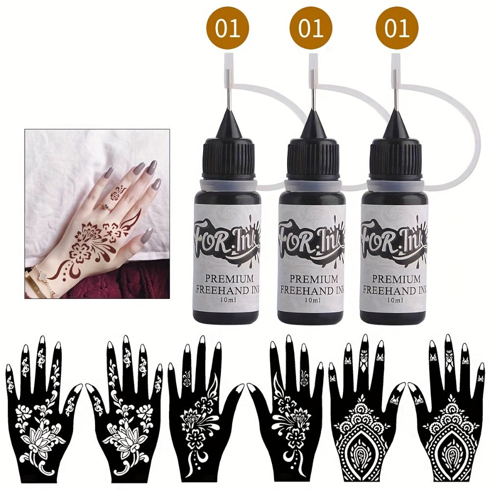 Fake Freckles Jagua Gel Kit Semi-Permanent Temporary Tattoo Ink — 3 Brown & Red Ink Bottles, 6 Stencils & Gloves for Freehand Body Art, Weddings, Festivals & Halloween