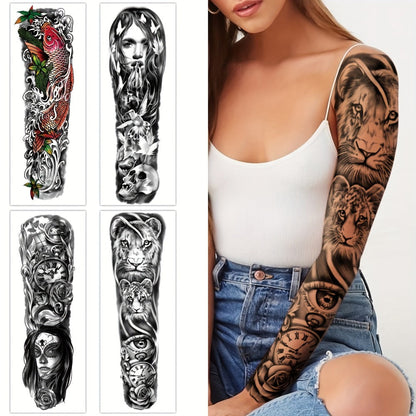Full Arm Temporary Tattoo Stickers 8 Large Sheets Waterproof Long Lasting Black Realistic Koi Dragon Lion Floral Geometric Designs for Men Women Street Punk Festival Body Art