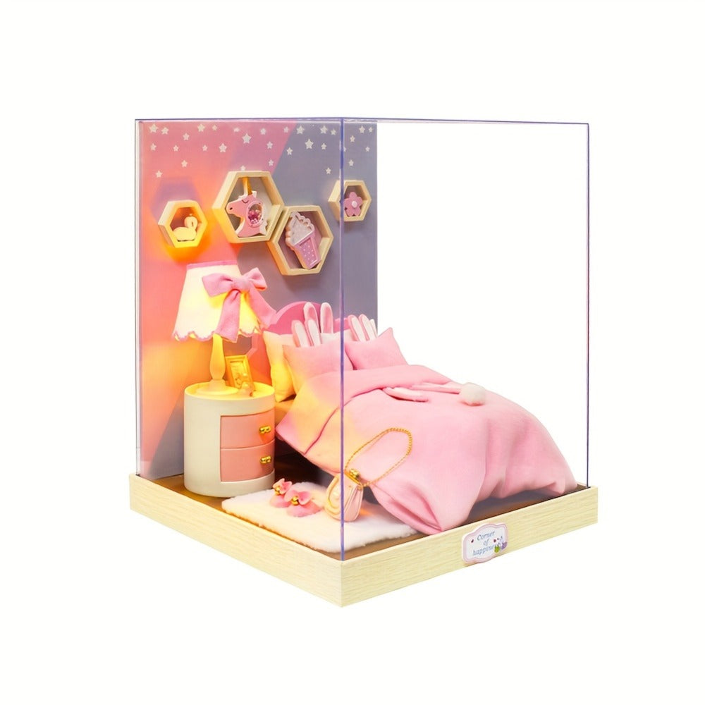 DIY Miniature Dollhouse Kit with Dust Cover Small – Mini House Model No Glue No Batteries, 4 Styles Tea Time Flavor Life Heartbeat Creativity World, Room Desk Decor Birthday Gift for Teens & Adults