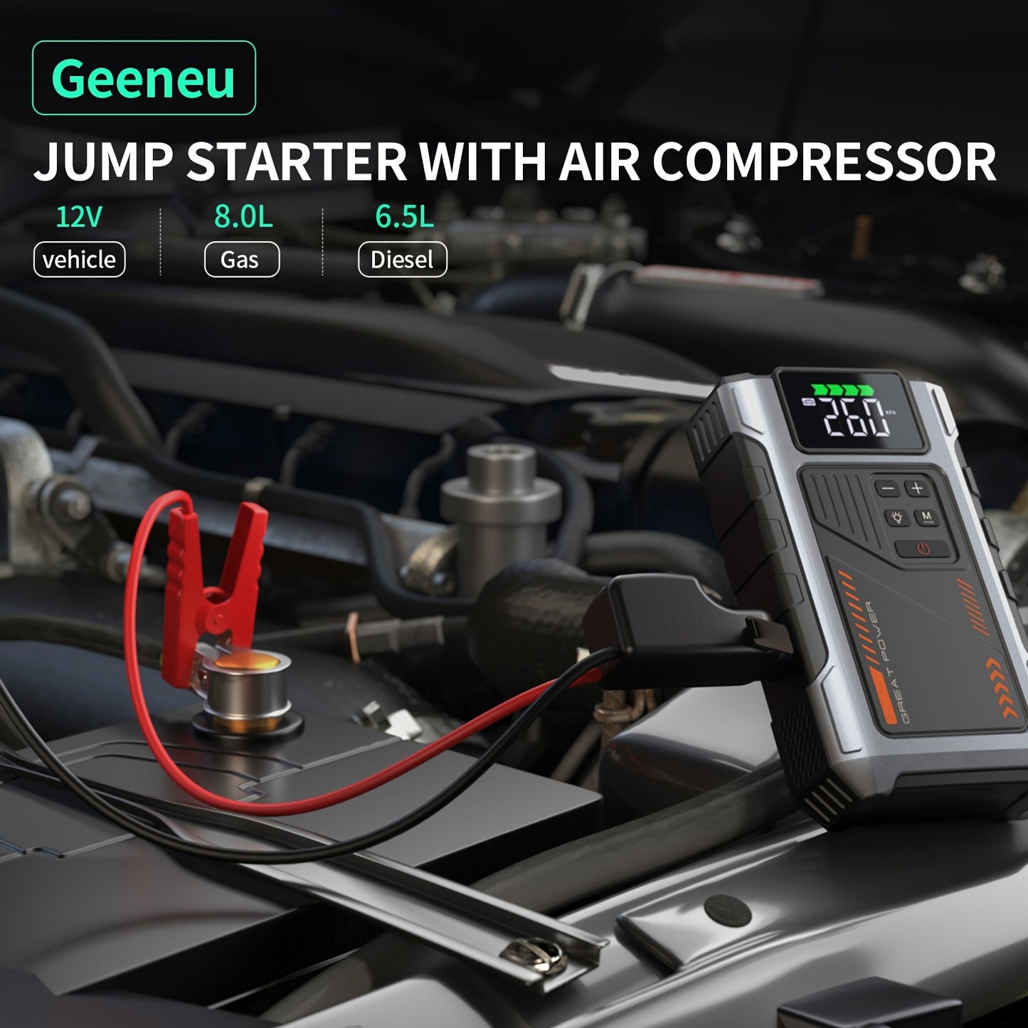 [Portable Jump Starter] Jump Starter With Air Compressor, 8000A Peak Battery Jumper Starter Portable, Jump Box For Car Battery, 12V Portable Jump Starter For 8.0L Gas And 6.5L Diesel Cars With USB Ports And LED Flashlight, Portable Car Jump Starter, Batte