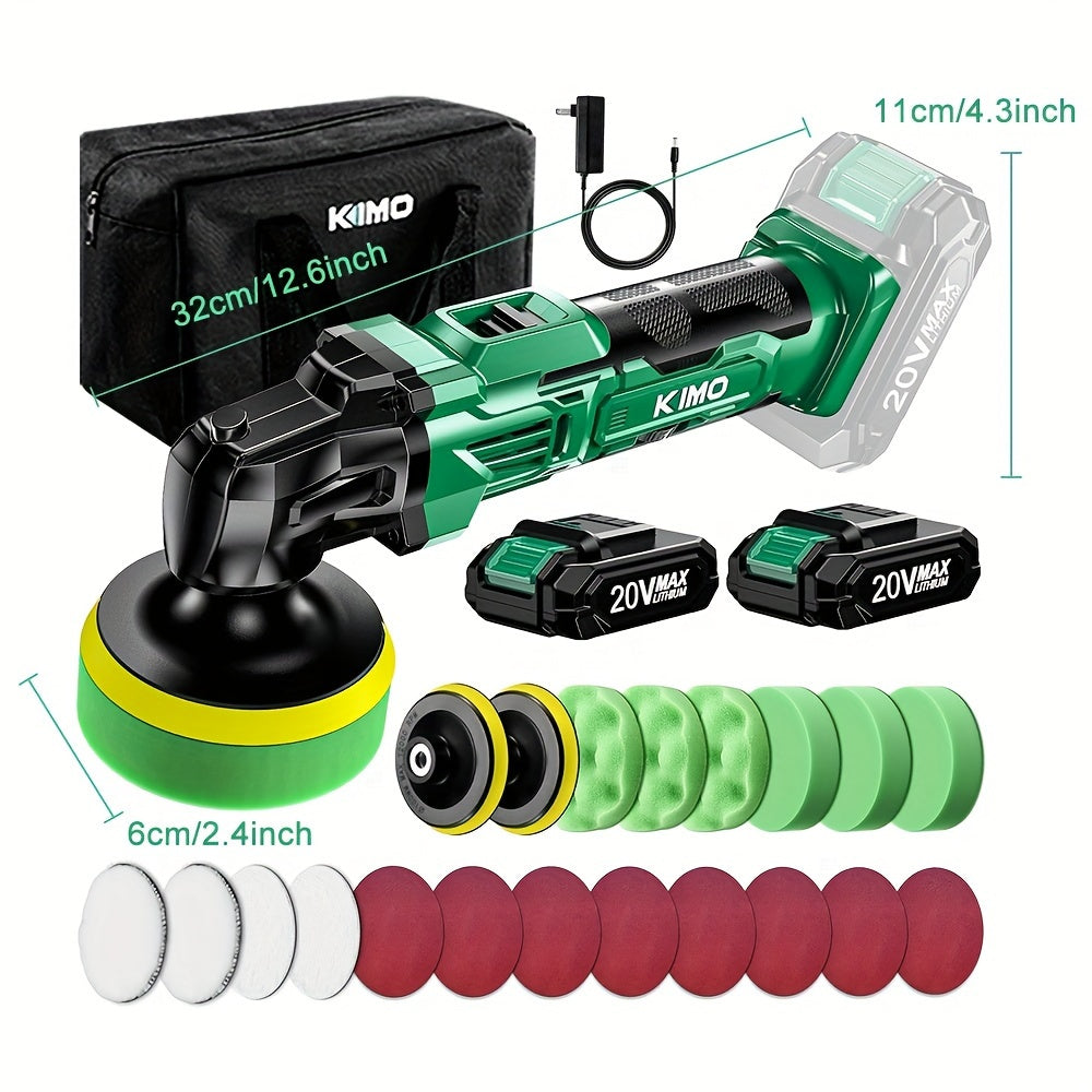 KIMO 20V Cordless Buffer Polisher Kit, 24 Accessories, 2 X 2000mAh Batteries, Car Polisher W/ 6 Variable Speed Up to 3634RPM, Cordless Polisher for Car Detailing Waxing Polishing Scratch Removing Bathroom Cleaning