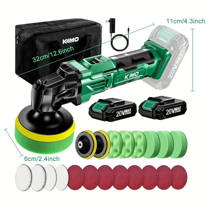 KIMO 20V Cordless Buffer Polisher Kit, 24 Accessories, 2 X 2000mAh Batteries, Car Polisher W/ 6 Variable Speed Up to 3634RPM, Cordless Polisher for Car Detailing Waxing Polishing Scratch Removing Bathroom Cleaning