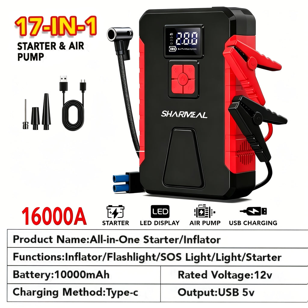 15000A-21000A Peak 350PSI 12V 17-in-1 Portable Jump Starter with Air Compressor Jump Starter, Car Battery Charger, Car Jump Starter with Air Compressor, Jump Starter Para, Car Accessories Tools, LED Light, Battery Charger, Cart Battery Charger