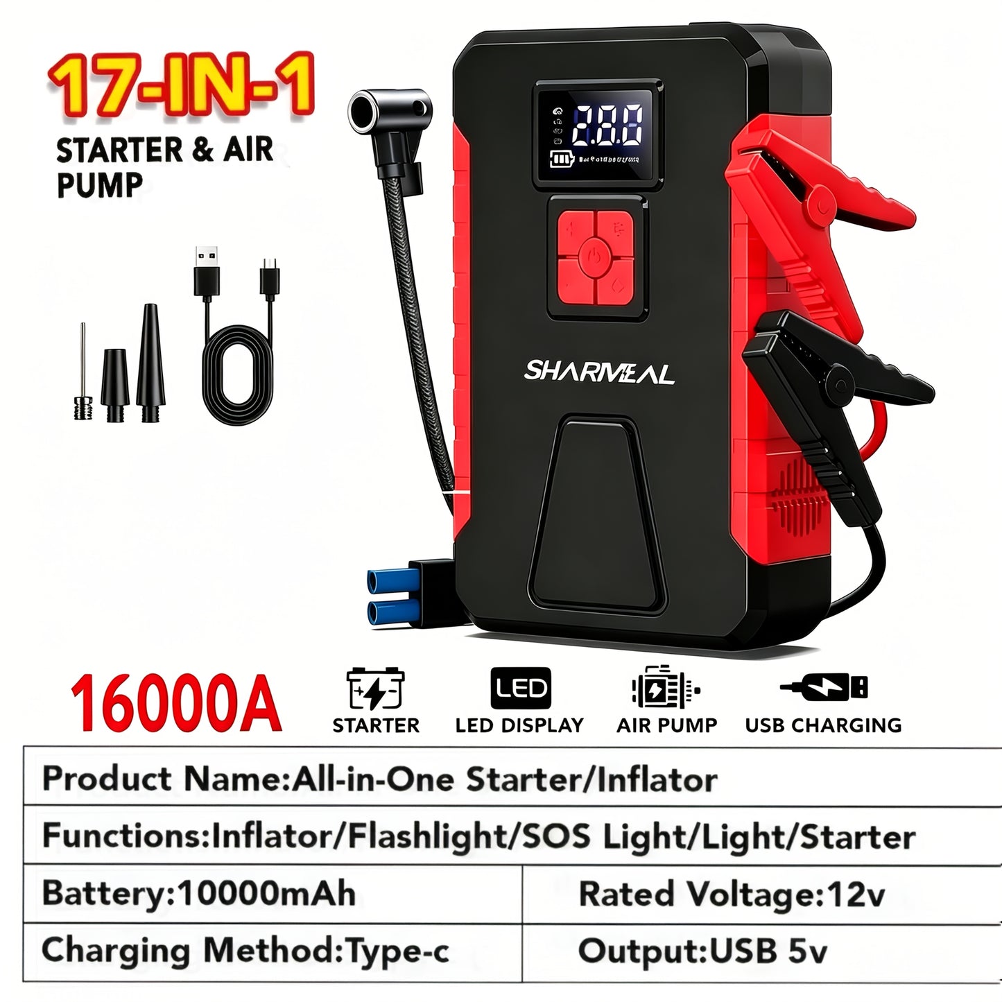[Portable Jump Starter] 15000A-19000A Peak 350PSI 12V 17-in-1 Portable Jump Starter with Air Compressor Jump Starter, Car Battery Charger, Car Jump Starter with Air Compressor, Jump Starter Para, Car Accessories Tools, LED Light, Battery Charger, Cart Bat