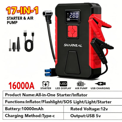 [Portable Jump Starter] 15000A-19000A Peak 350PSI 12V 17-in-1 Portable Jump Starter with Air Compressor Jump Starter, Car Battery Charger, Car Jump Starter with Air Compressor, Jump Starter Para, Car Accessories Tools, LED Light, Battery Charger, Cart Bat