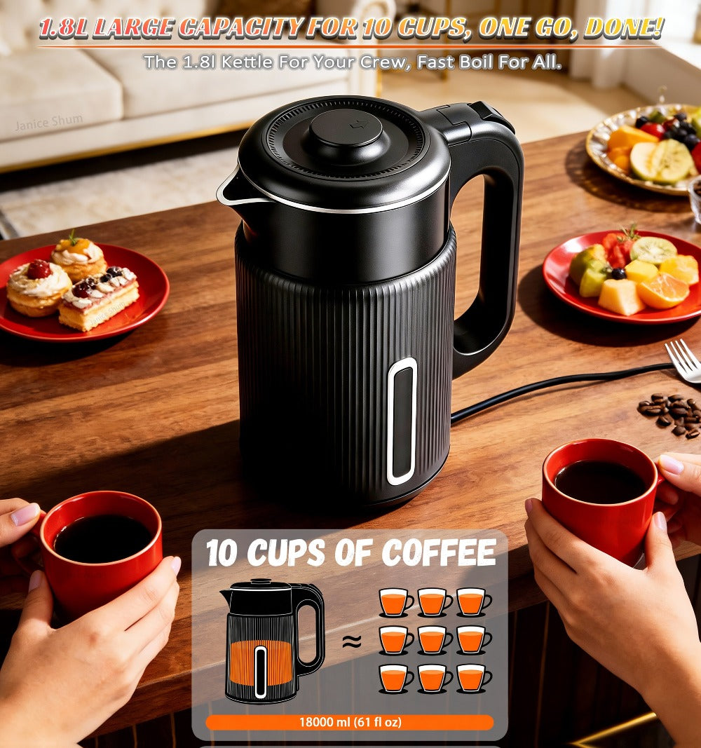 Electric Kettle 1000W Double Wall Stainless Steel – 57.48oz 304 SS Hot Water Kettle with 360° Rotary Base, LED Light, Auto Shut-Off & Boil-Dry Protection, Instant Water Warmer for Coffee & Tea – Black