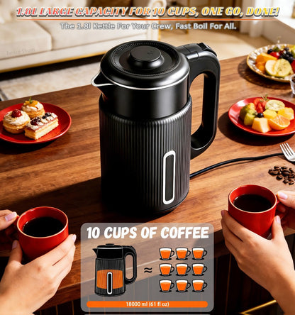 Electric Kettle 1000W Double Wall Stainless Steel – 57.48oz 304 SS Hot Water Kettle with 360° Rotary Base, LED Light, Auto Shut-Off & Boil-Dry Protection, Instant Water Warmer for Coffee & Tea – Black
