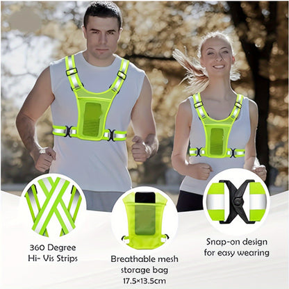 Reflective Running Vest with Phone Holder & Reflective Bracelets – Adjustable Safety Vest for Men Women, Dog Walking, Cycling, Night Running – 2 Pack