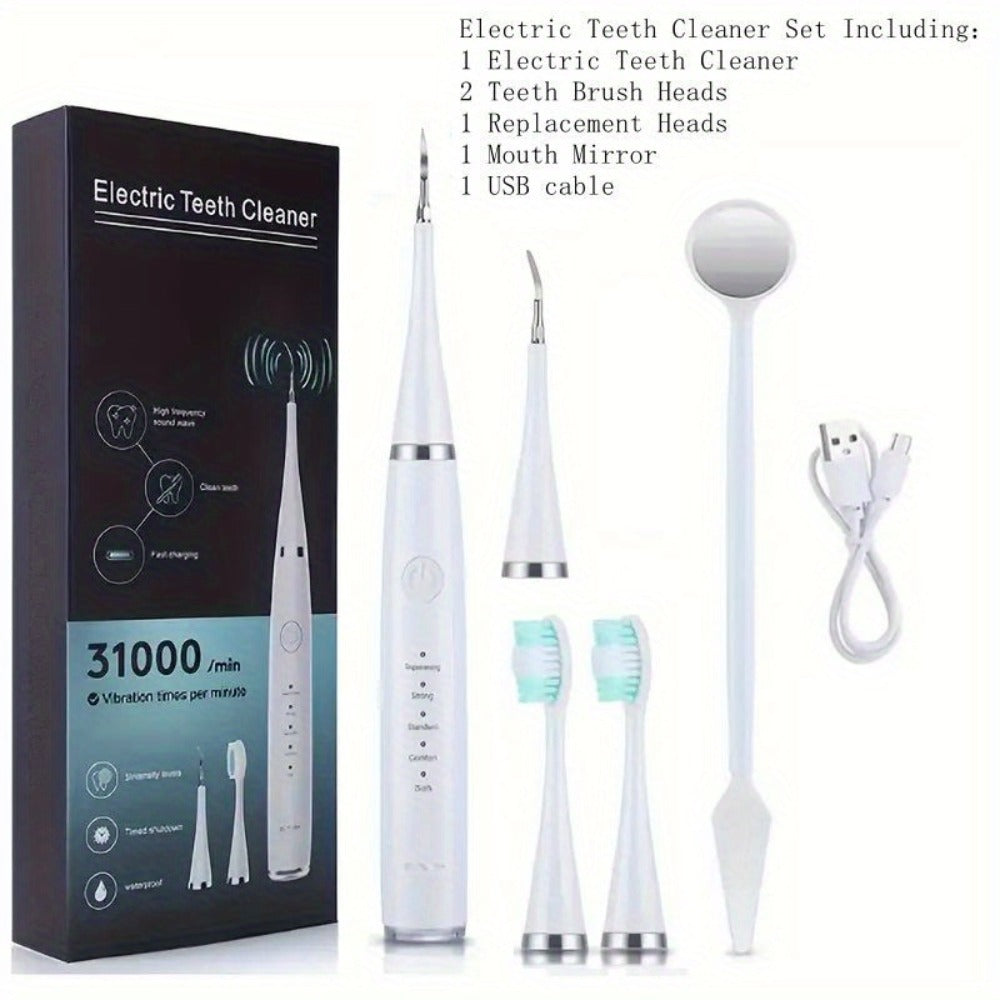 Electric Teeth Cleaner Kit USB Rechargeable – 5 Cleaning Modes Dental Scaler Plaque Tartar Remover Gum Health Tool for Adults Family Holiday Gift Set Black White Green