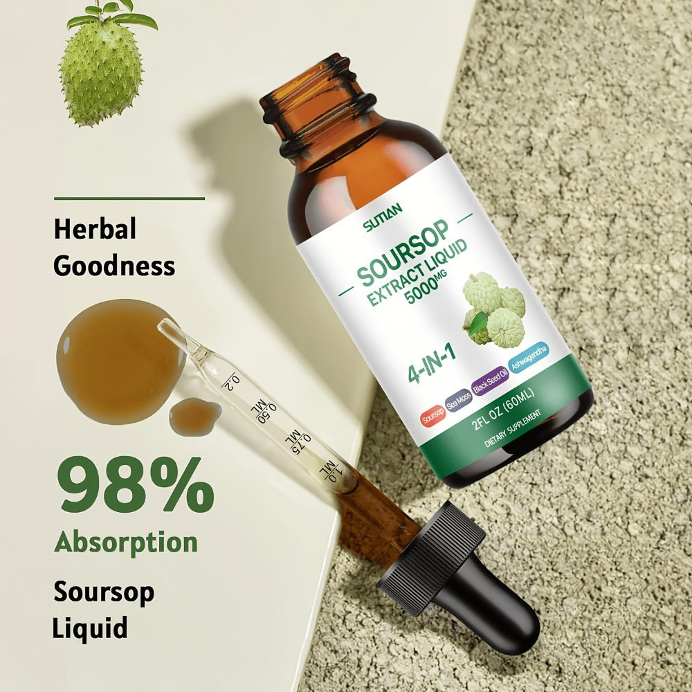 Soursop Liquid Drops 4-in-1 Bitter Concentrate with Black Seed Oil, Ashwagandha & Seaweed – High-Purity Graviola Extract for Immune Defense, Antioxidant & Stress Support | 2 fl oz | 1 or 2 Bottles