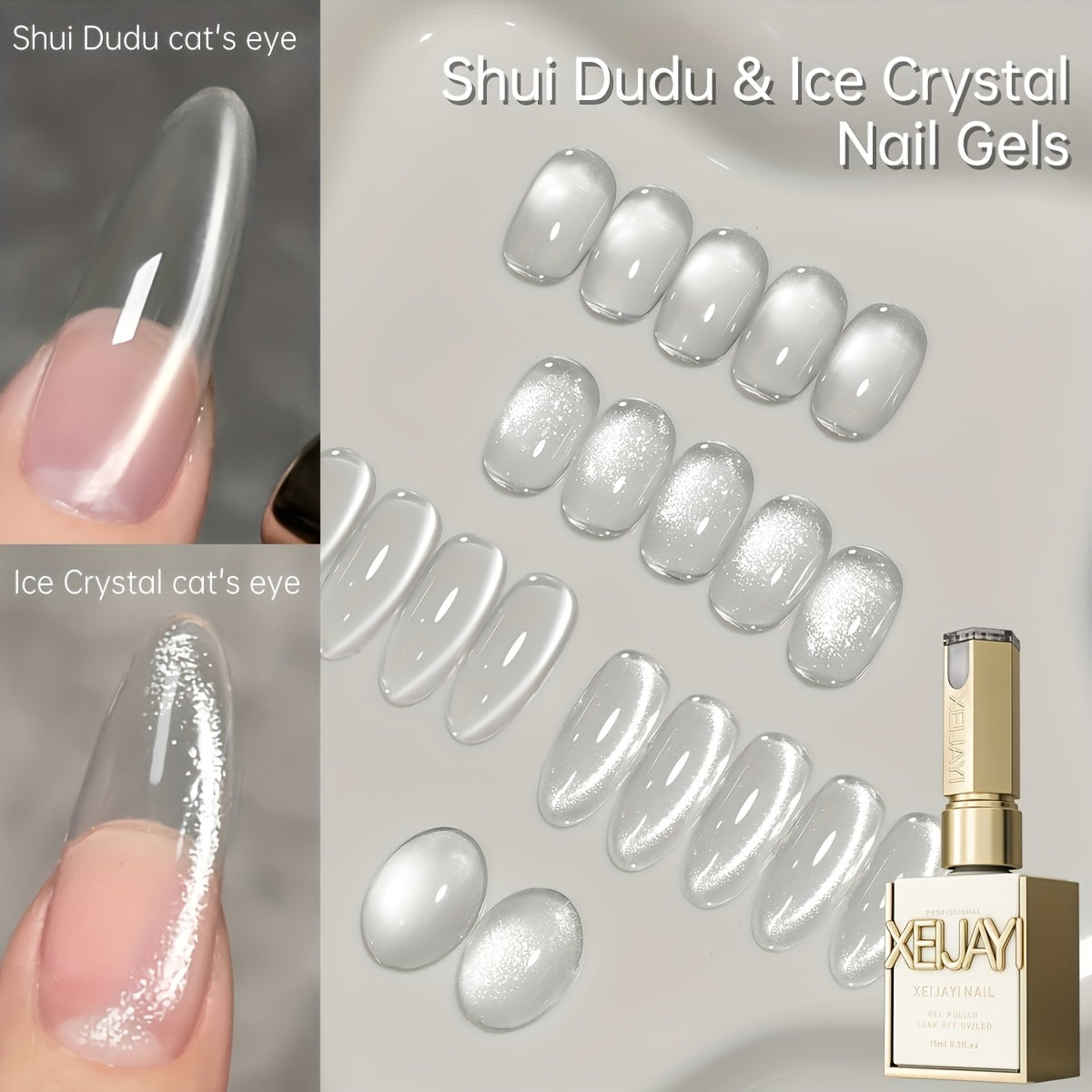 Holographic Cat Eye Gel Polish Set 2pcs Iridescent Magnetic – Reflective Water Dudu & Ice Crystal Shades, Soak-Off LED/UV Curable 0.51oz, Salon & Home Nail Art Gift for Women