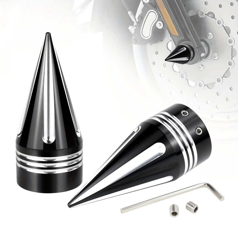 CNC Spike Motorcycle Front Axle Nut Covers Caps 3.6" – Fits Harley Touring Street Glide Road King Electra Glide Tri Glide 2008-Later, Black & Silvery