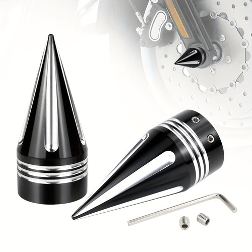 CNC Spike Motorcycle Front Axle Nut Covers Caps 3.6" – Fits Harley Touring Street Glide Road King Electra Glide Tri Glide 2008-Later, Black & Silvery