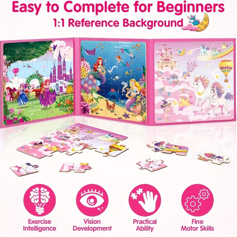 Magnetic Puzzle Book for Girls 3 4 5 6 – 3-in-1 Unicorn Mermaid Princess Travel Puzzles, 20 Pieces Folding Magnetic Jigsaw for Toddlers, Road Trip Car Airplane Activity, Birthday Gift for Little Girls