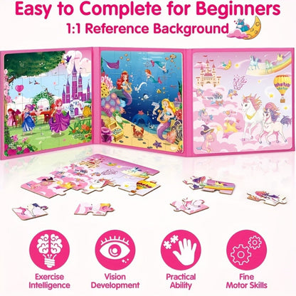 Magnetic Puzzle Book for Girls 3 4 5 6 – 3-in-1 Unicorn Mermaid Princess Travel Puzzles, 20 Pieces Folding Magnetic Jigsaw for Toddlers, Road Trip Car Airplane Activity, Birthday Gift for Little Girls