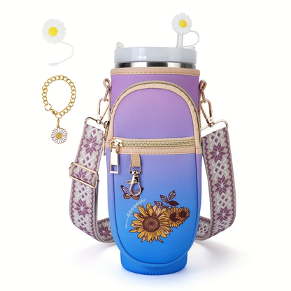 Water Bottle Carrier Bag for 40oz Bottles - Adjustable Shoulder Strap & Phone Pocket, Durable Sports Tote for Hiking Camping Travel & Gym | Fits Stanley Hydro Flask & Wide Mouth Bottles, Purple Blue Black Gray Pink
